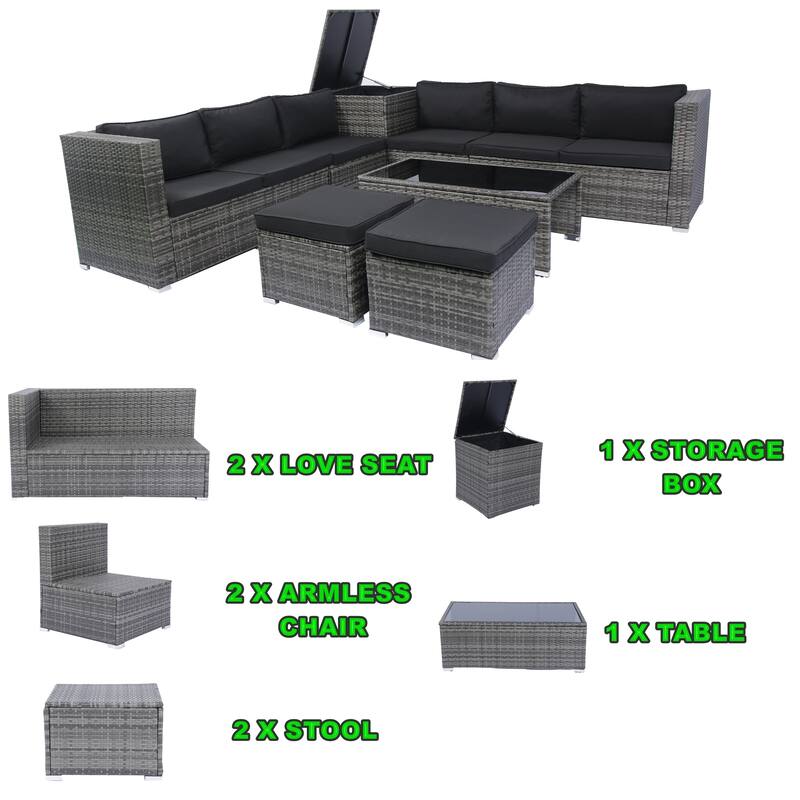 Outdoor PE Wicker Patio Conversation Furniture Set 8 Piece Rattan Sectional Couch Set with Storage Box and Glass Top Table