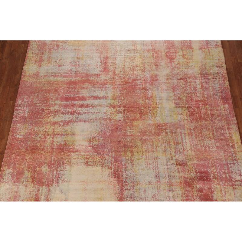 Contemporary Abstract Indian Area Rug Hand-Knotted Orange Wool Carpet - 9'0"x 11'8"