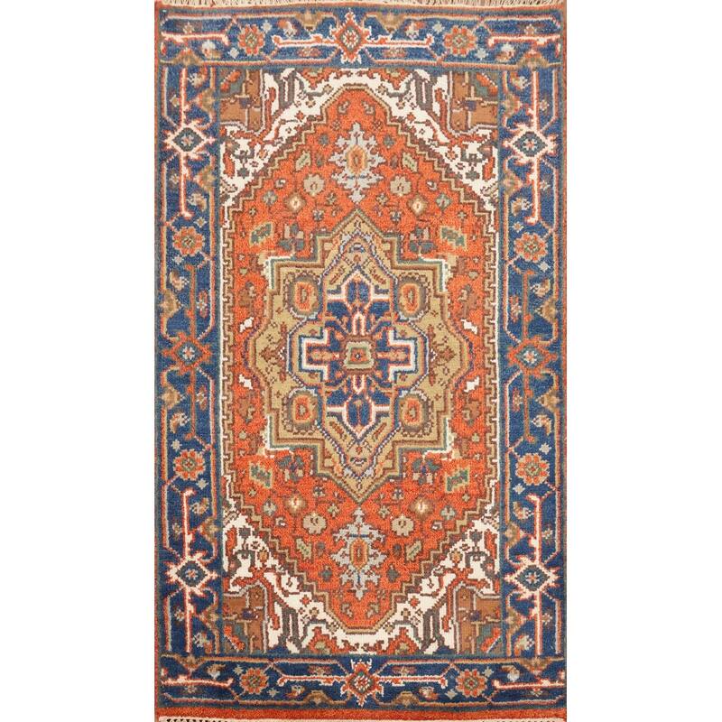 Hand Knotted Oriental 100% Wool Carpet Traditional Medallion Oranges & Rust Heriz (serapi) Area Rug - 5' 0'' X 2' 10''