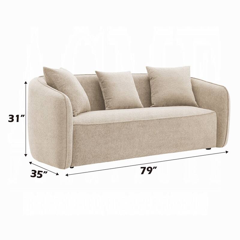 Keina Sofa, 3 Accent Pillows, Rounded Back, Beige Chenille, 79 Inch