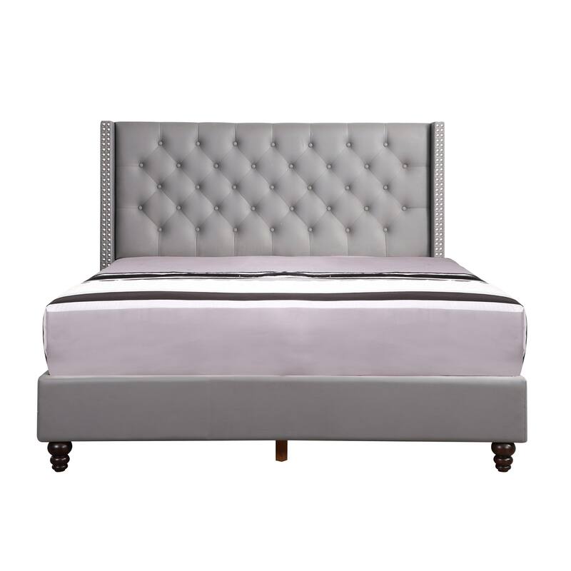 Upholstered Bed Frame 66x86 Inch - Grey Tufted Headboard Bed with Soft Fabric - Modern Bedroom Bed