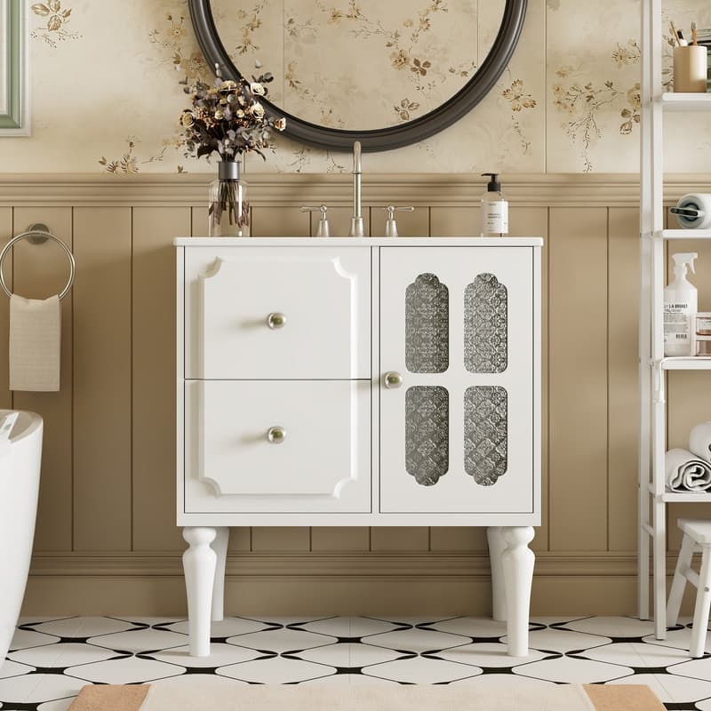 Solid Wood Frame Retro Style Bathroom Vanity with 30'' Ceramic Sink Combo, Freestanding Vanity Storage Cabinet with Glass Door