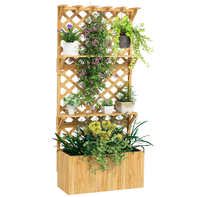 Outsunny Raised Garden Bed with Trellis and Wheels, Outdoor Wooden Elevated Planter Box, Freestanding Raised Flower Bed