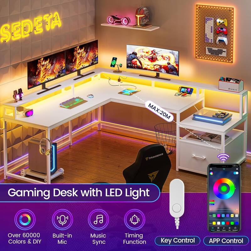 L Shaped Home Office Desk Computer desk File Drawer Power Outlet