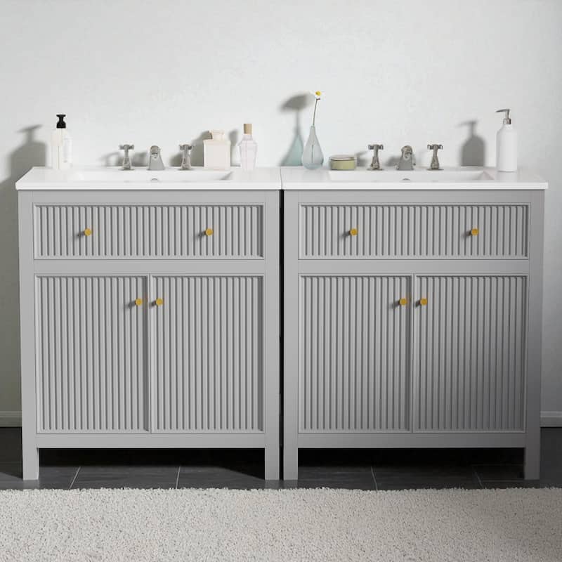 60" Freestanding Bathroom Vanity with Ceramic Sink, Gray Cabinet with Soft Close Doors and Drawers, Modern Style - Grey