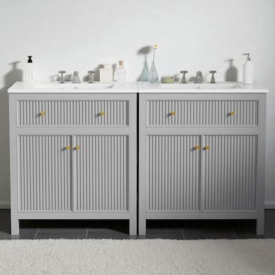 60" Freestanding Bathroom Vanity with Ceramic Sink, Gray Cabinet with Soft Close Doors and Drawers, Modern Style