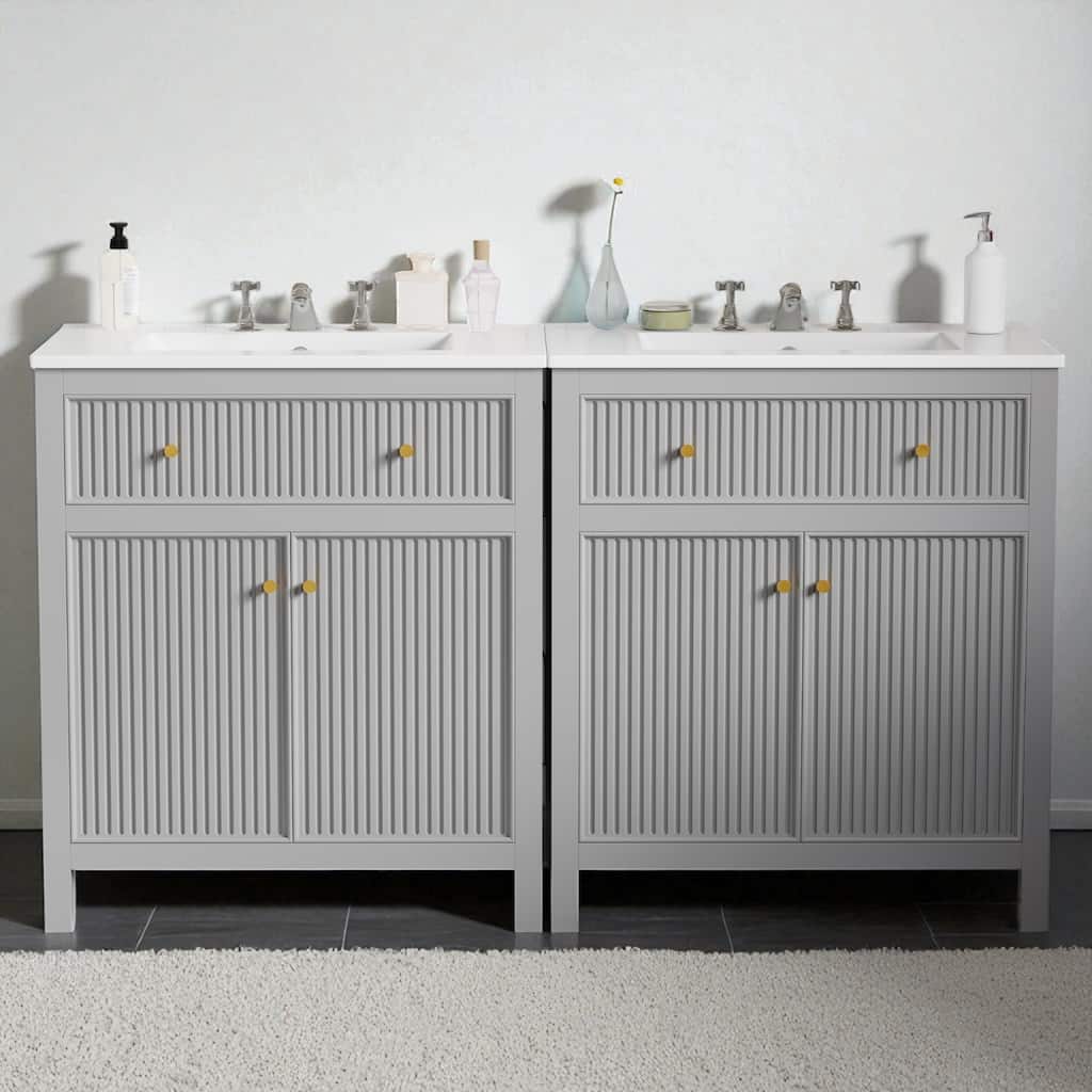60" Freestanding Bathroom Vanity with Ceramic Sink, Gray Cabinet with Soft Close Doors and Drawers, Modern Style
