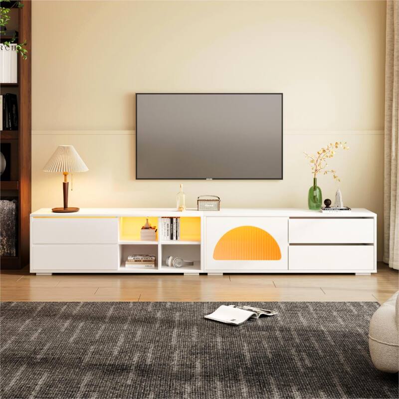 Modern APP TV Stand with Fluted Glass Door for TVs Up to 100", Media Console with Sliding Door & 2 Drawers, Adjust LED Light