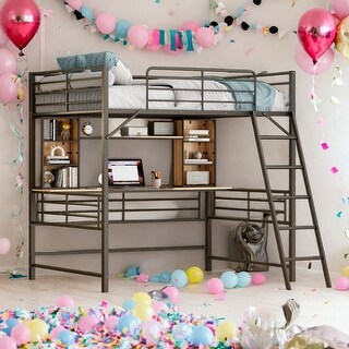 Full Size Loft Bed Metal Frame with Desk and Shelf,Loft Bed with Ladder,With Desk And Bookshelf,Black