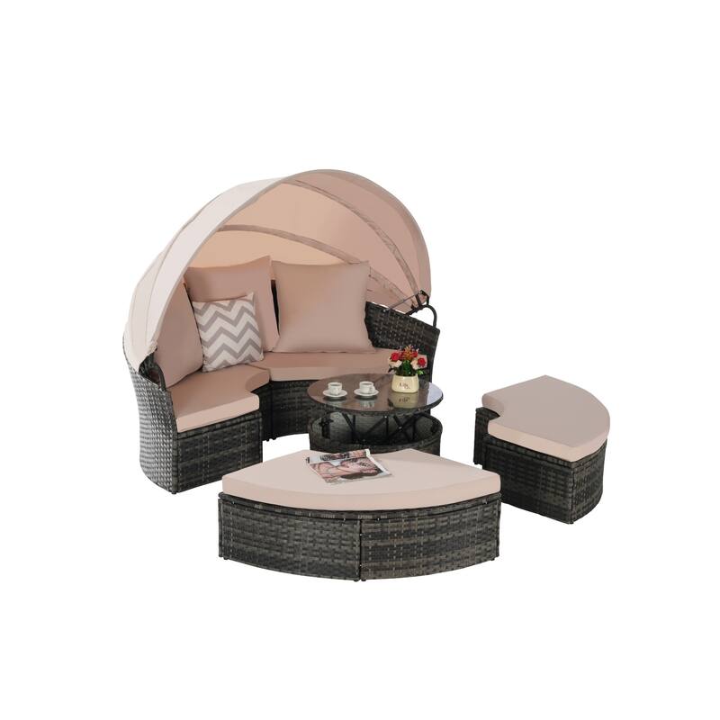 5-Piece Outdoor Patio Conversation Set Wicker Daybed Set with Canopy, Storable Table&Soft Cushions