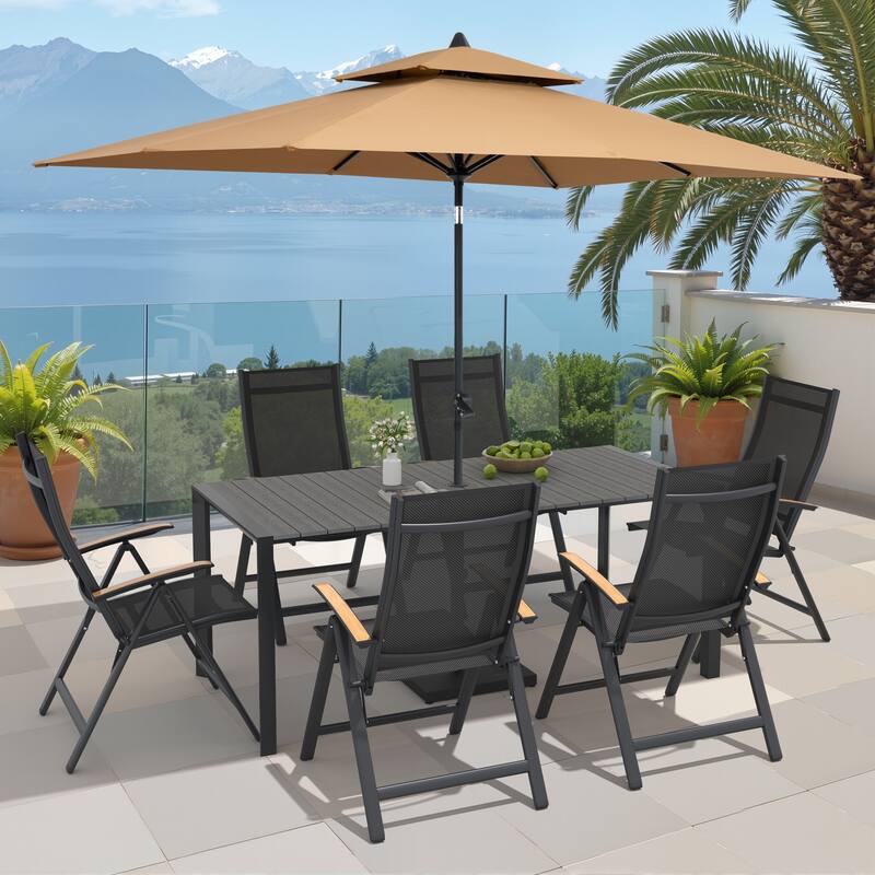9/11-Piece Outdoor Patio Dining Set Aluminum Dining Table and Chairs w/10 ft Market Umbrella and Base - Set of 9 - Grey Table with Tan Umbrella