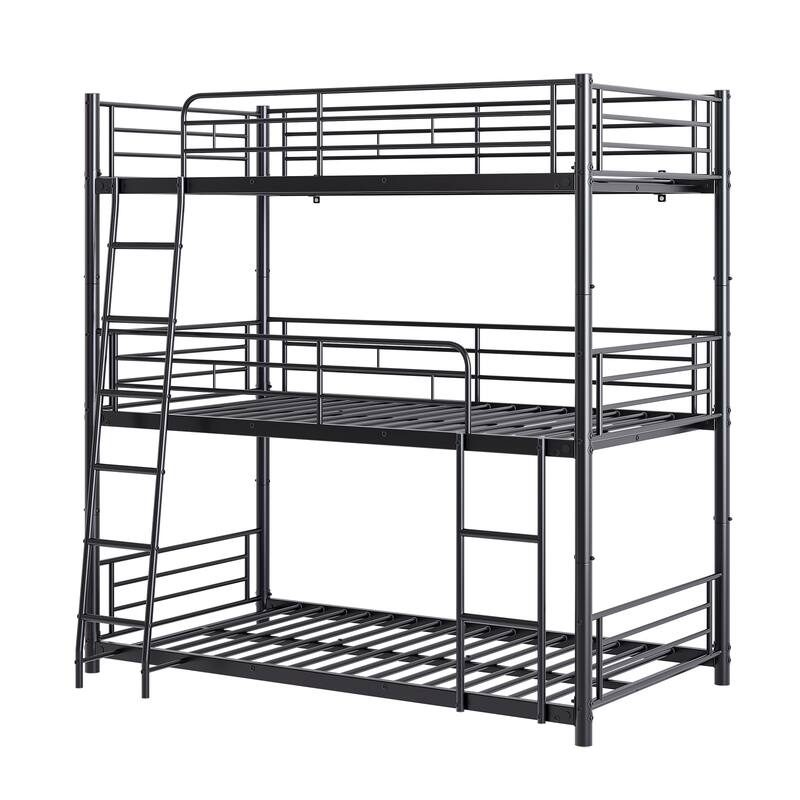 Heavy Duty Metal Triple Twin Bunk Bed with Guardrails, Ladder & Storage, Easy to Assemble