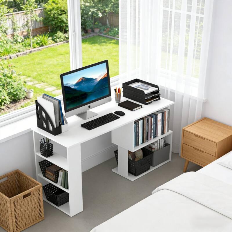 Spacious Writing Table Workstation,L Shaped Corner Computer Desk,360° Rotating Home Office Desk - White