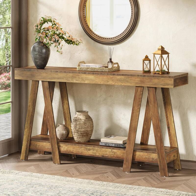 70" Farmhouse Console Table, 2-Tier Entryway Accent Table Behind Sofa - Rustic Brown 