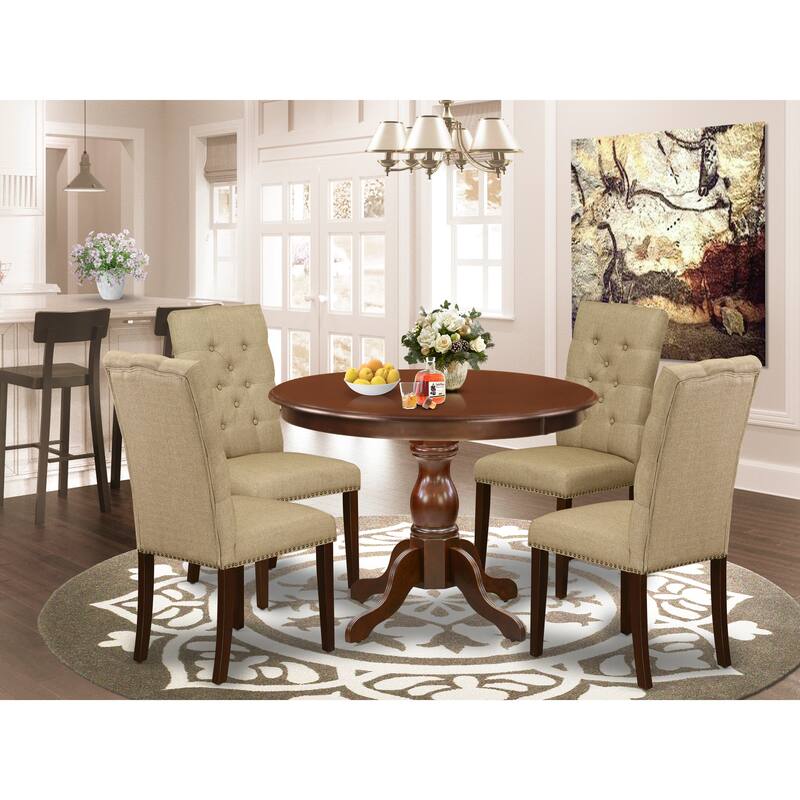 East West Furniture 5 Piece Dining Set- a Round Dining Table with Pedestal and 4 Linen Fabric Kitchen Chairs, (Finish Options) - HBEL5-MAH-16