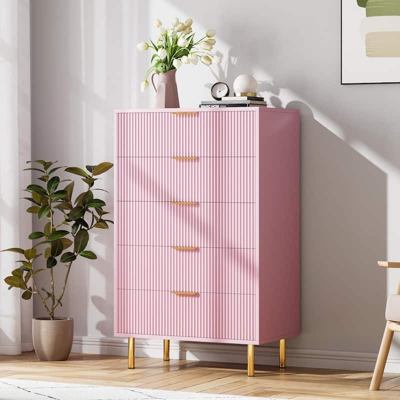 5 Drawer Dresser for Bedroom with Gold Handle and Large Drawer - Pink