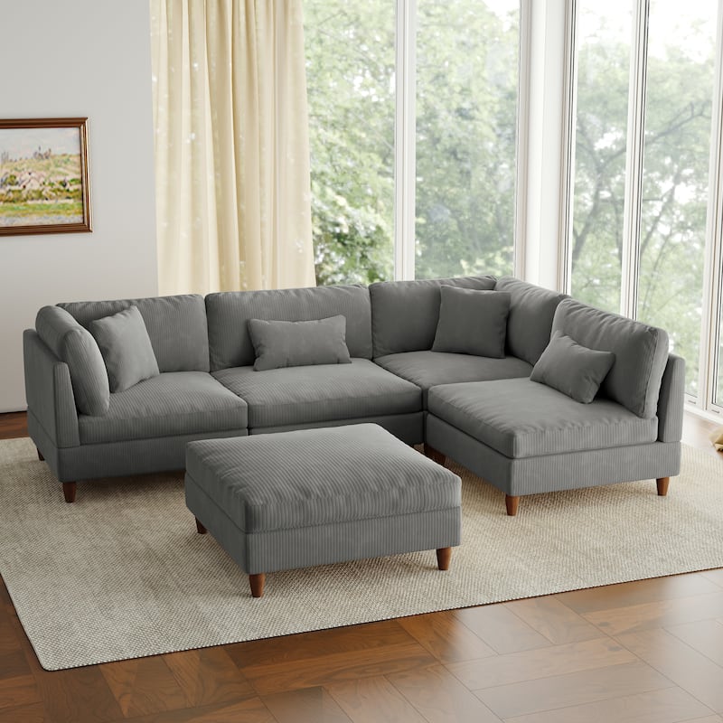 5-Piece Modern Comfy Corduroy Modular Sectional Sofa with Ottoman