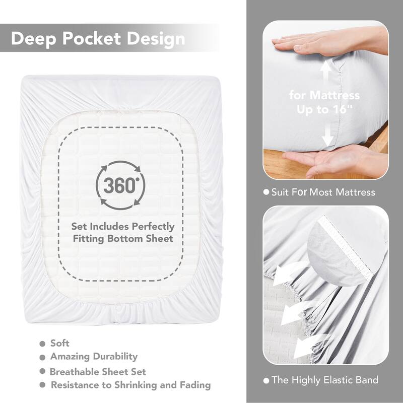 Deconovo 4-Piece Ultra-Soft Bed Sheet Set, 1800 Thread Count, Deep Pockets