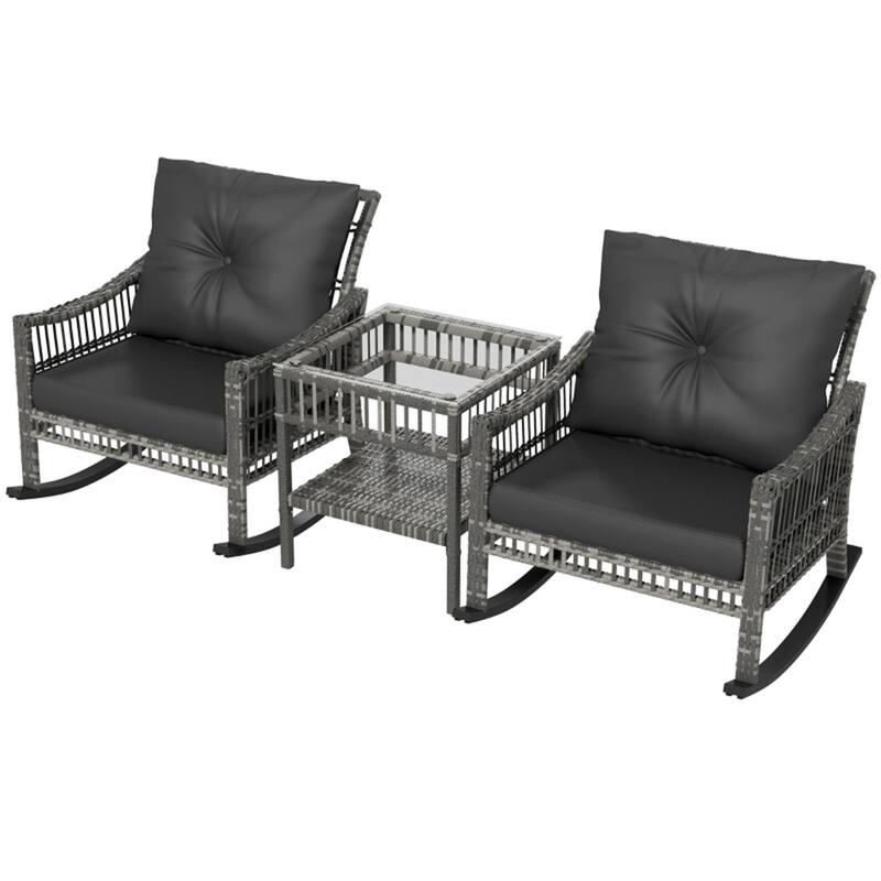 3 Piece PE Rattan Outdoor Patio Set with Rocker Chairs and Table - Mixed Grey-Grey
