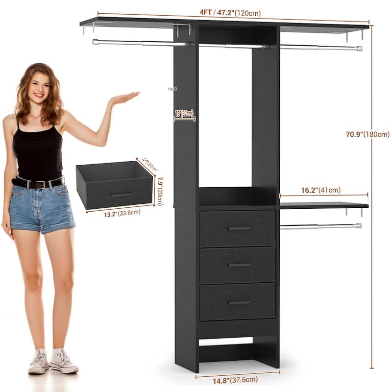 4FT Kid's Closet Syatem with Fabric Drawers for Small Closet, Closet Organizer for Walk-in/ Reach-in Closet