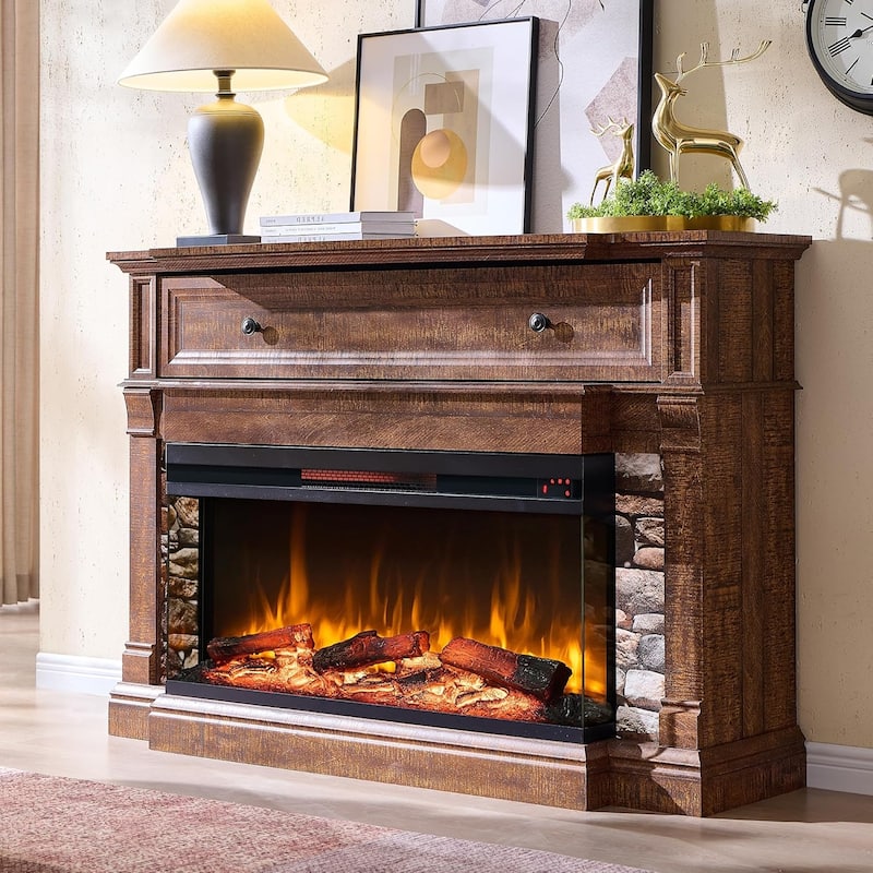 Farmhouse TV Stand With 3-Sided Glass Fireplace, Entertainment Center - Reclaimed Barnwood
