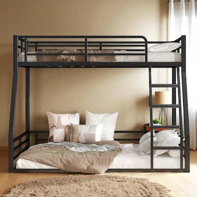 Metal Twin Over Full/Full Over Full Floor Bunk Bed Frame, Heavy-Duty Quiet Design with Safety Guardrails