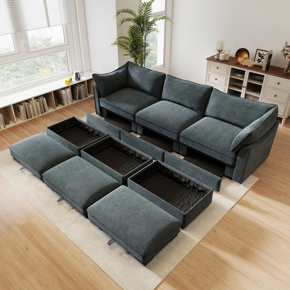 Modular Upholstered Sofa with 3 Ottomans and Storage Drawers, Deep Seat Chenille Sleeper Couch for Living Room, Home Theater