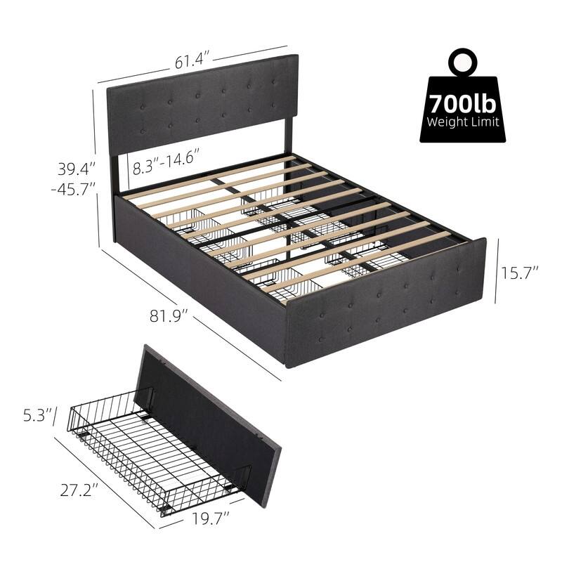 Full Size Upholstered Bed Frame with Adjustable Headboard