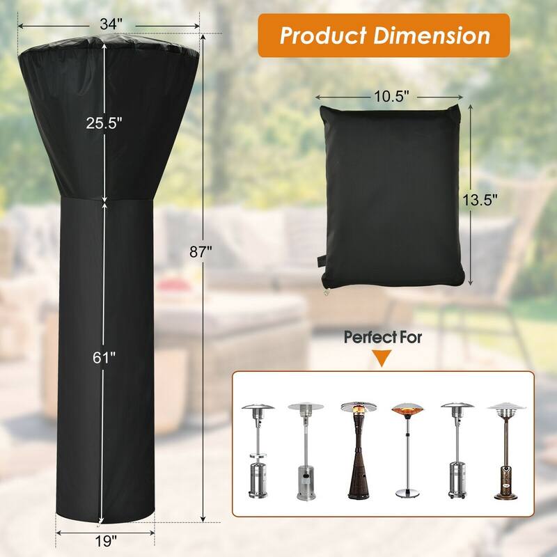 Patio Standing Propane Heater Cover Waterproof with Zipper and Bag - 87'' x 34" x 19" (H x D x B)