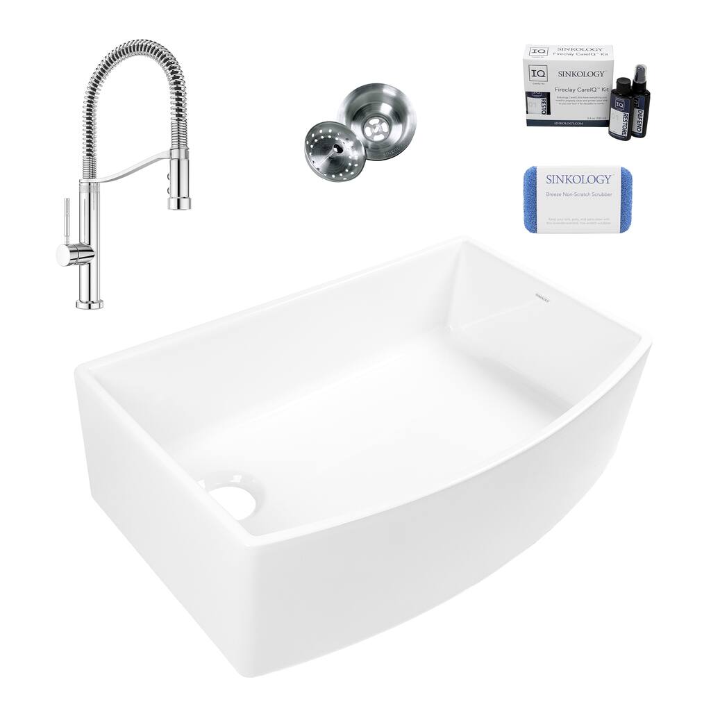 Austen Crisp White Fireclay 33" Farmhouse Apron Front Bow Front Single Bowl Kitchen Sink with Bruton Chrome Faucet Kit
