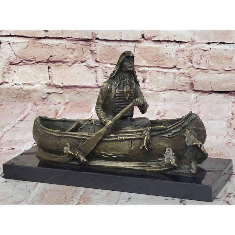 Native American Indian Man In Canoe Bronze Statue Sculpture Figure 7 Inches X 10 Inches
