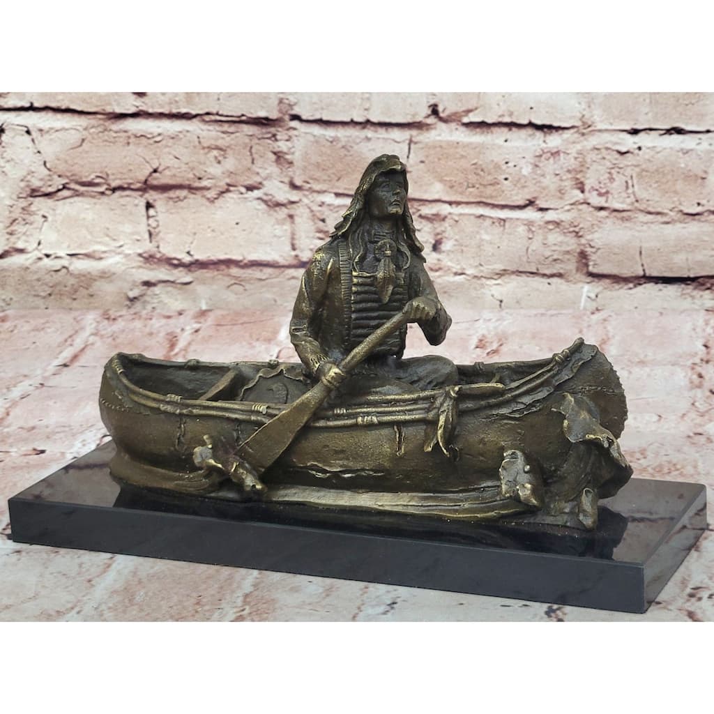 Native American Indian Man In Canoe Bronze Statue Sculpture Figure 7 Inches X 10 Inches