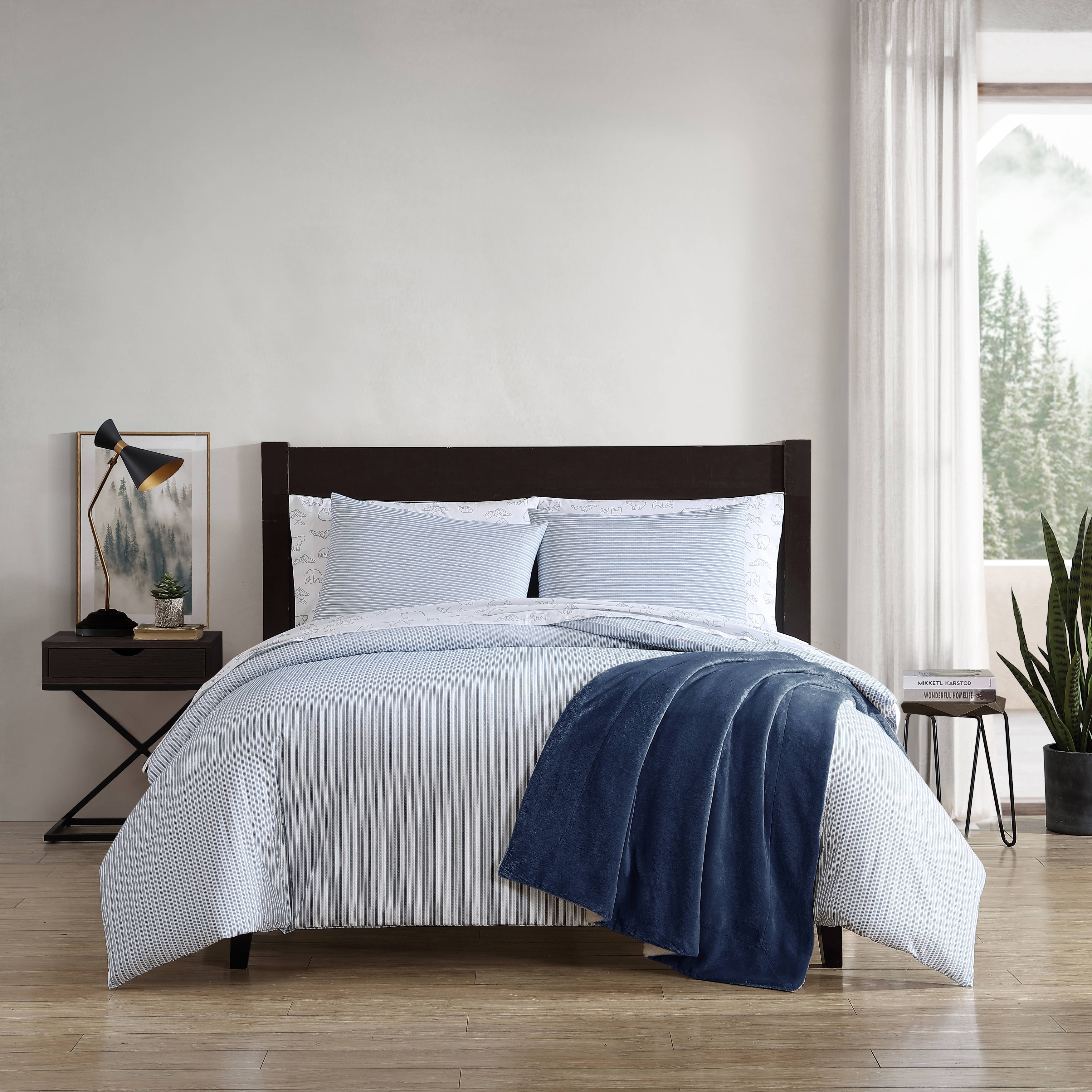 Eddie Bauer Ticking Stripe Navy Cotton Percale Duvet Cover Set
