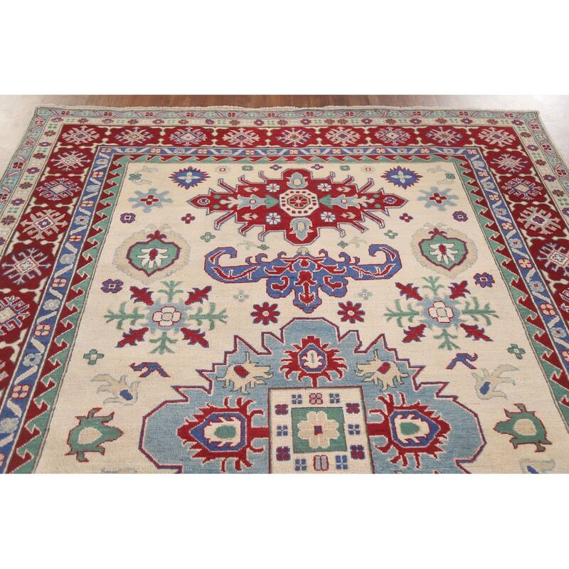 Hand Knotted Oriental 100% Wool Carpet Traditional Geometric Beige & Ivories Kazak Area Rug - 10' 1'' X 6' 7''