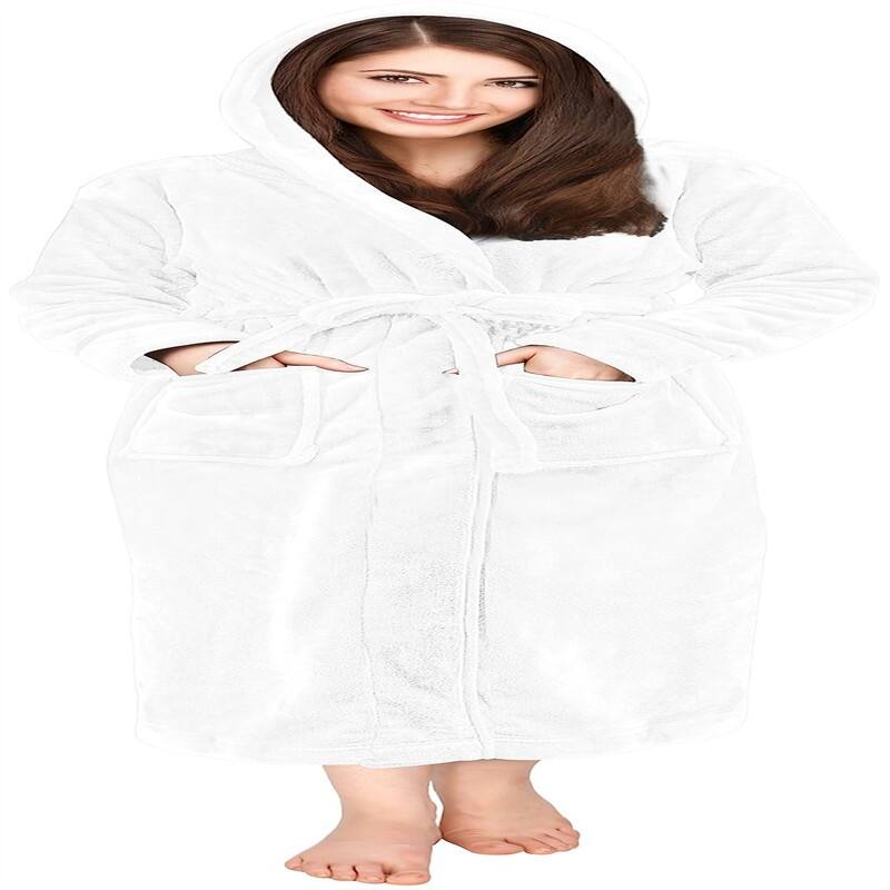 Women's Fleece Hooded Bathrobe Plush -  White