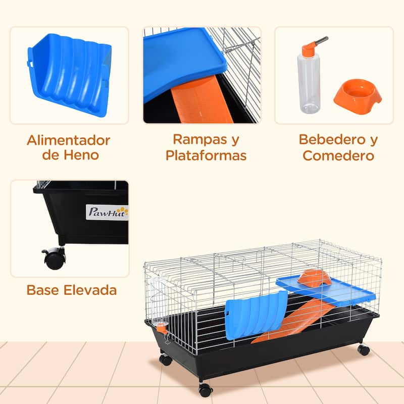 PawHut 35"L Small Animal Cage, Rolling Bunny Cage, Guinea Pig Cage with Food Dish, Water Bottle, Hay Feeder, Platform