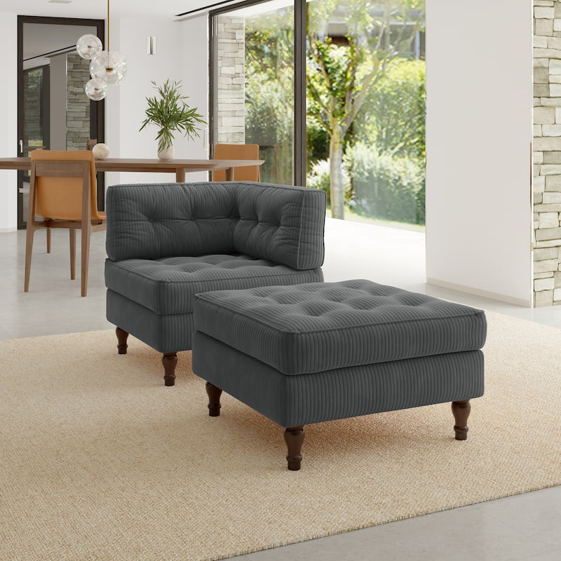 Corduroy Tufted Accent Chair Armchair and Ottoman Set - Grey