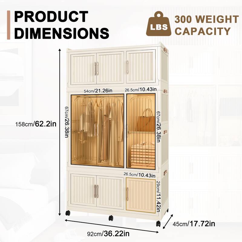 Anmytek Rolling Storage Cabinet Wardrobe with Hanging Rod Transparent Door Mobile Closet for Bedroom Nursery