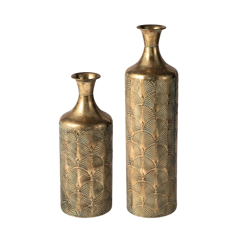 Glitzhome Set of 2 Metal Antique Gold Gingko or Verdigris Finish Floor Vases