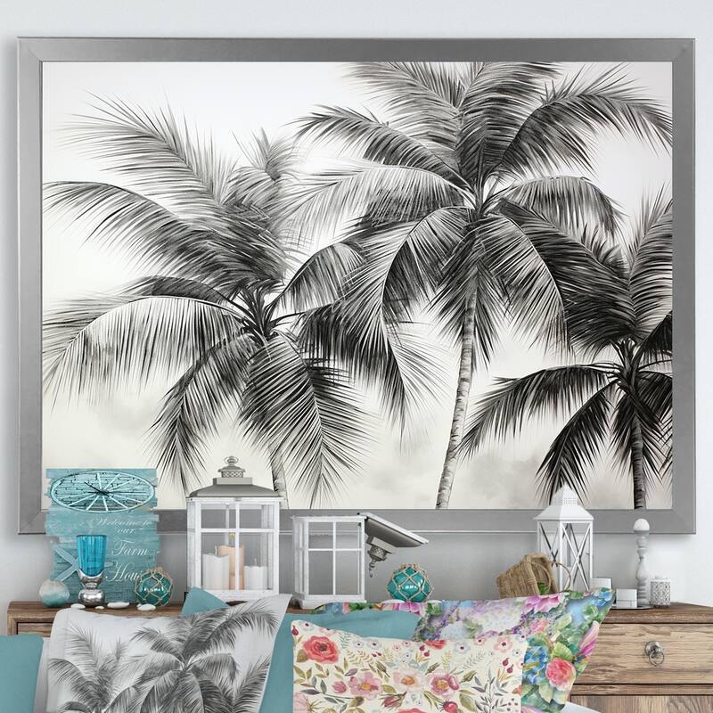 Designart "Palm Tree Desert Oasis II" Palms & Palm Trees Framed Canvas Art Print - 44 in. wide x 34 in. high - Silver