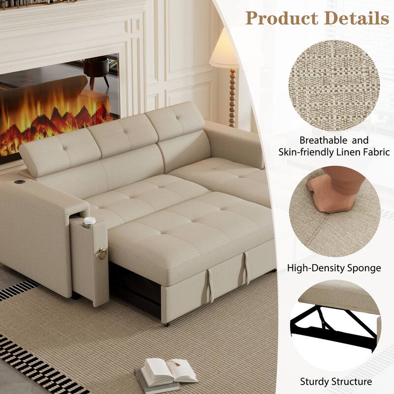 96" Multi-Functional Pull-Out Sofa Bed L-Shape Sectional Sofa with Adjustable Headrest, Wireless Charging, Cup Holders and Hidde - N/A