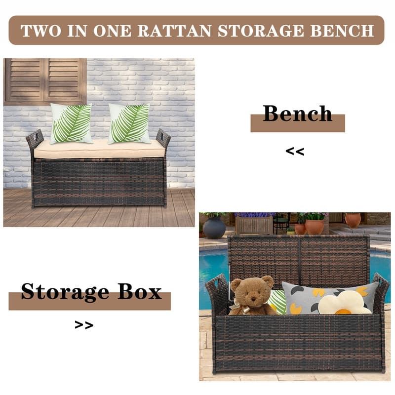 Patio Garden Brown PE Rattan Wicker Storage Bench with Cushion