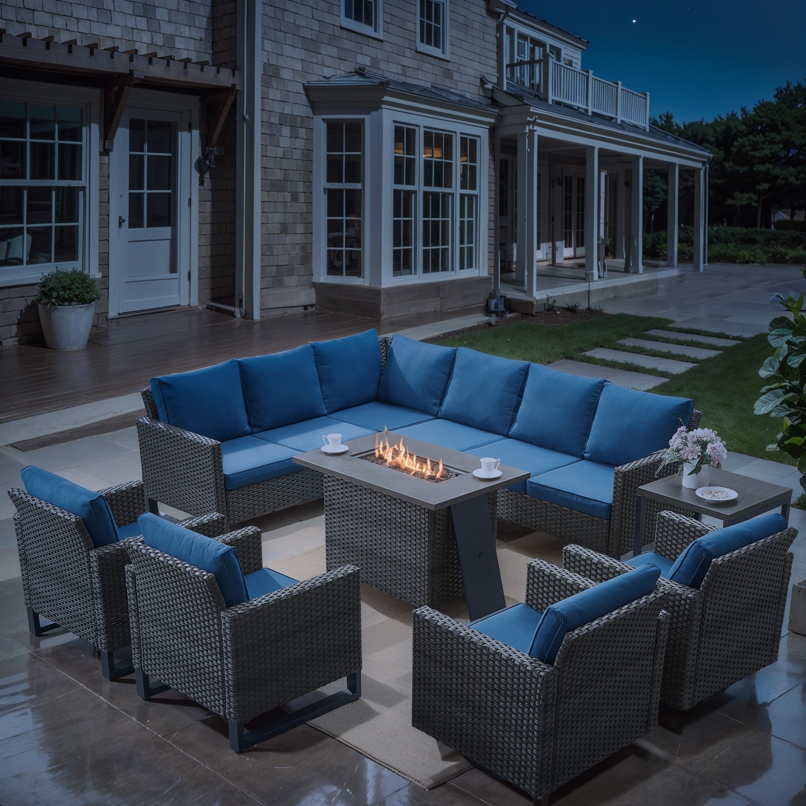 Propane Fire Pit Table with Outdoor Sofa Chair Table Set- Blue cushion - Grey