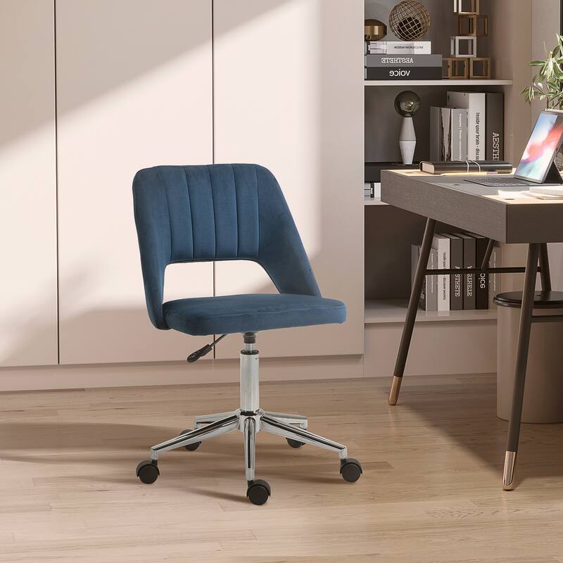 Modern Mid-Back Office Chair Armless Office Chair with Velvet Fabric Hollow Back, for Home Office, Blue
