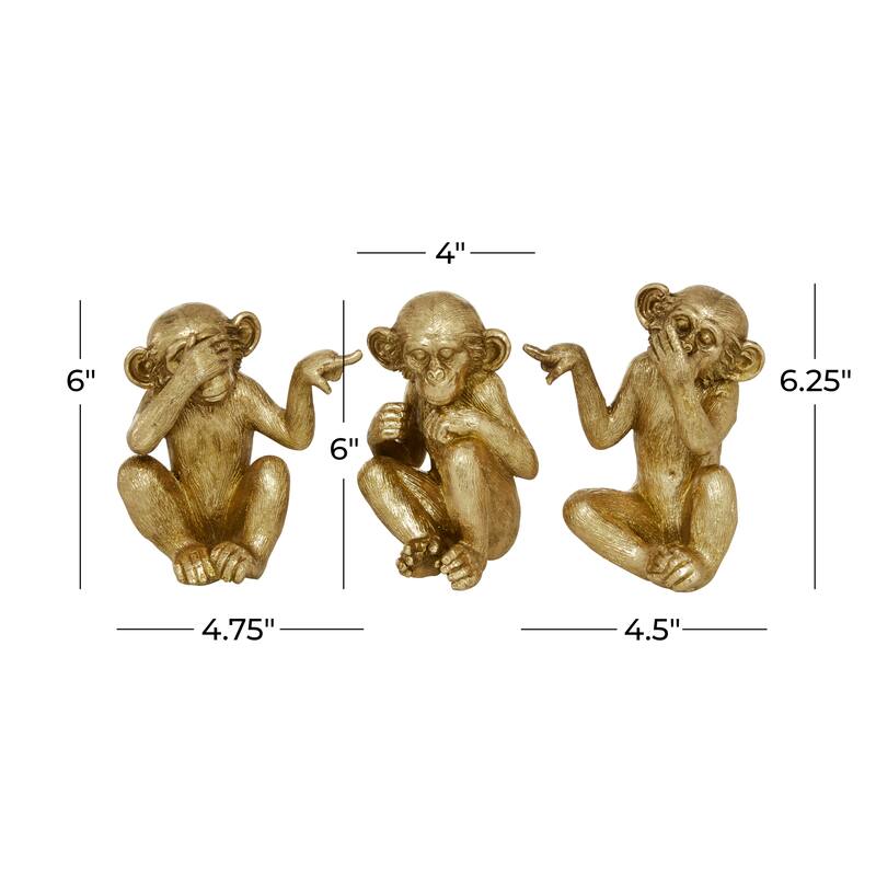 Polystone Monkey See No Evil Sculpture - Set of 3 Gold - Roche River Decor - 4"W x 4"L x 6"H