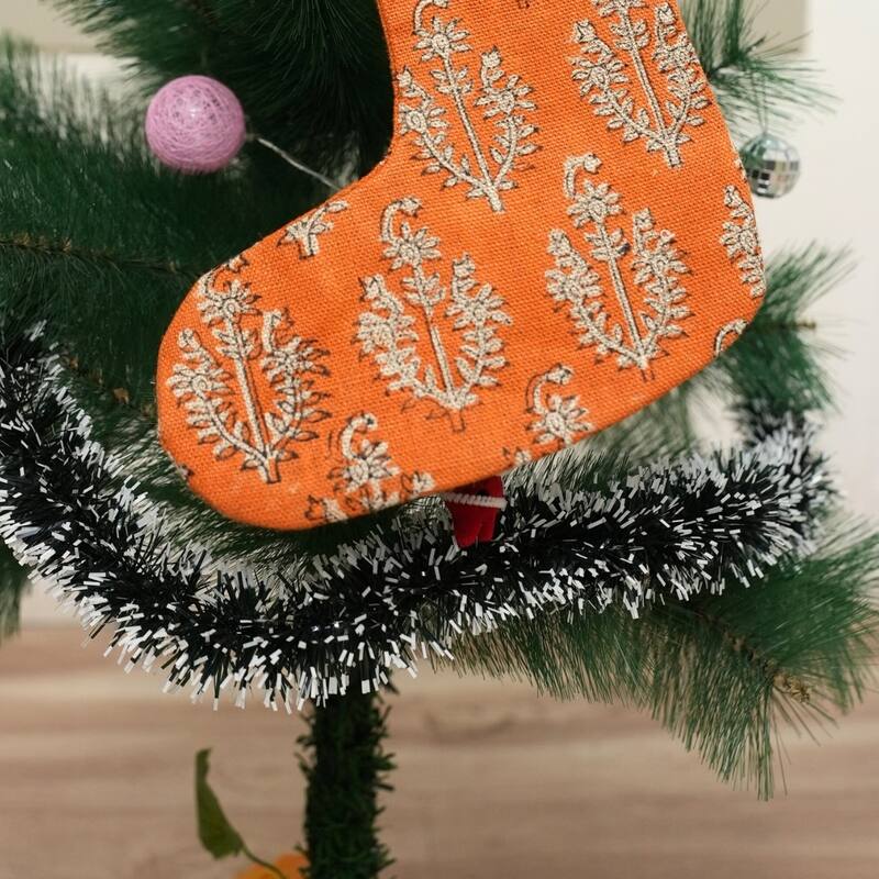 Fabdivine Handmade Floral Christmas Stockings Linen Block Print Décor - 10"X4.5" - Neel Gagan- Orange - Christmas Stockings