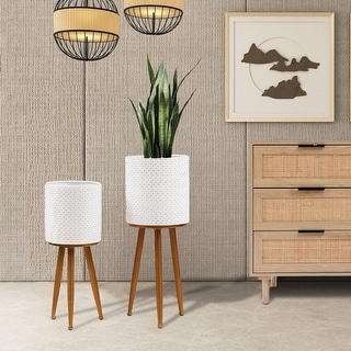 Distressed White Cachepot Planters with Bronze Metal Stands (Set of 2)
