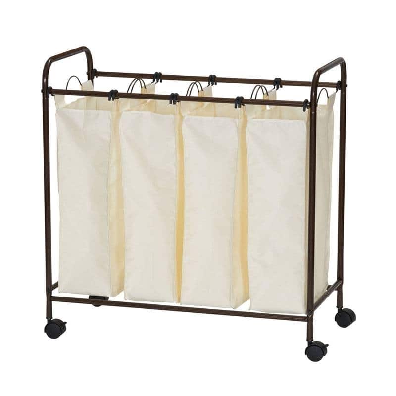White-Brown Steel Frame Laundry Sorter with 4 Polyester Bags and Locking Wheels - 13 x 17.3 x 33.13 (LxWxH)