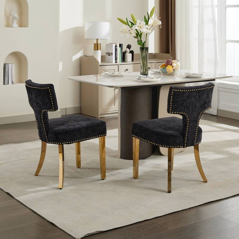 Mid Century Modern Dining Chairs Set of 2, Farmhouse Chenille Fabric Upholstered Accent Chair Curved Backrest