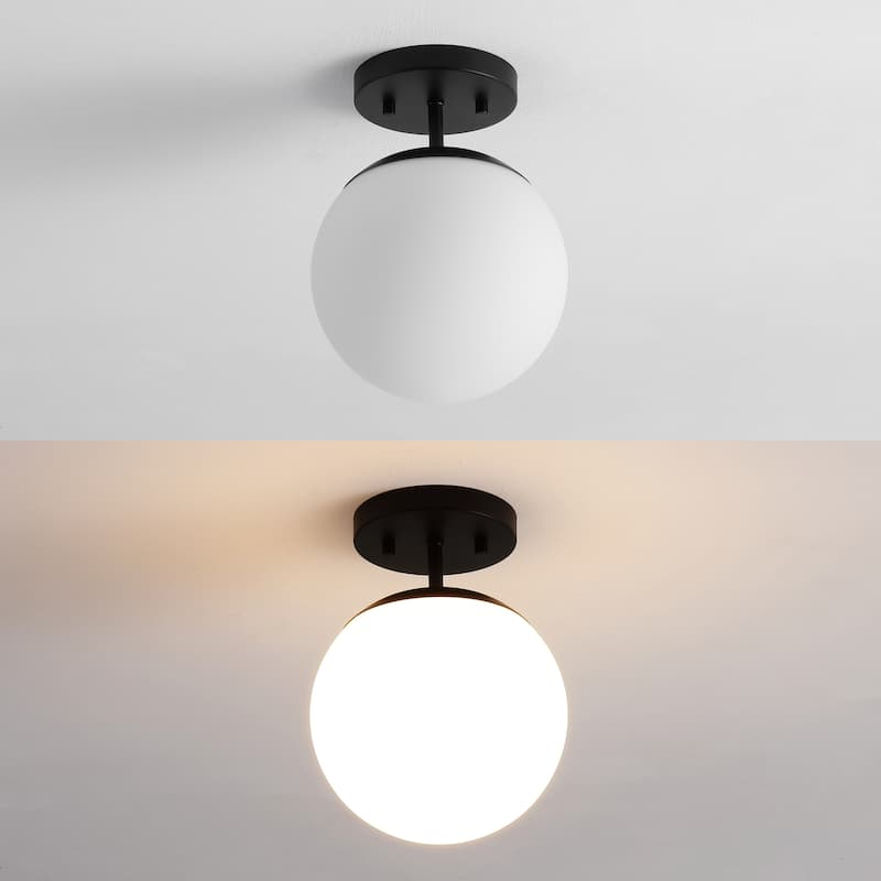 Galax Bistro 7.75" 1-Light Bohemian Farmhouse Iron/Frosted Glass LED Semi Flush Mount, Brass Gold/White by JONATHAN Y